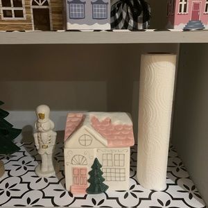 Peppermint and pine pastel pink and white ceramic Christmas cookie jar house